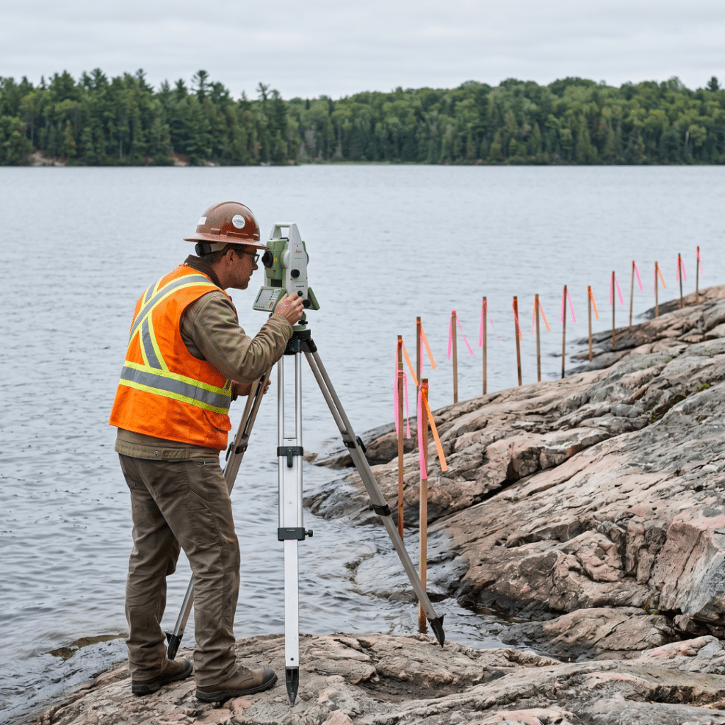 Licensed Ontario Land Surveyor conducting high-water mark survey at Lake Muskoka shoreline on Canadian Shield granite using total station to establish legal setback line for prefab home waterfront lot planning 2026