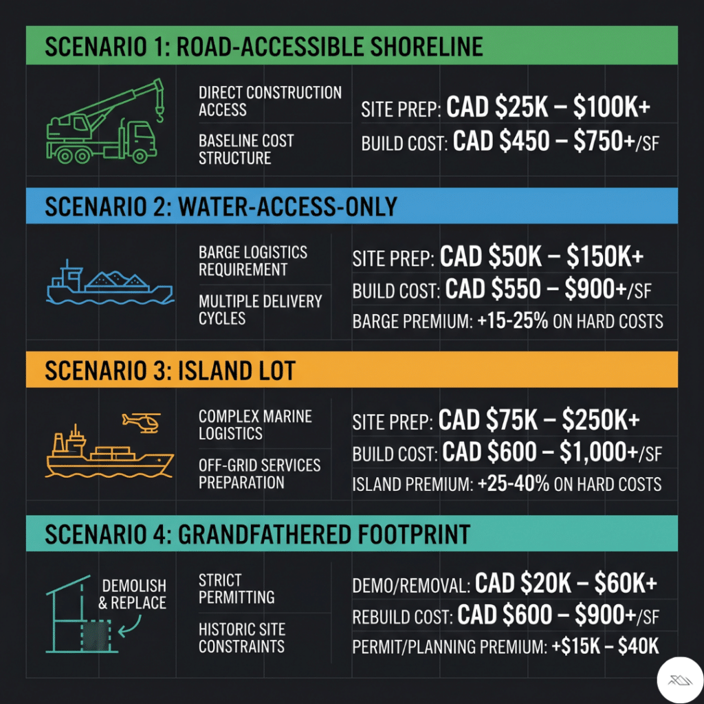 Prefab homes Lake Muskoka lot type decision diagram showing road-accessible water-access-only island and grandfathered footprint scenarios with delivery method permit pathway and all-in cost ranges 2026