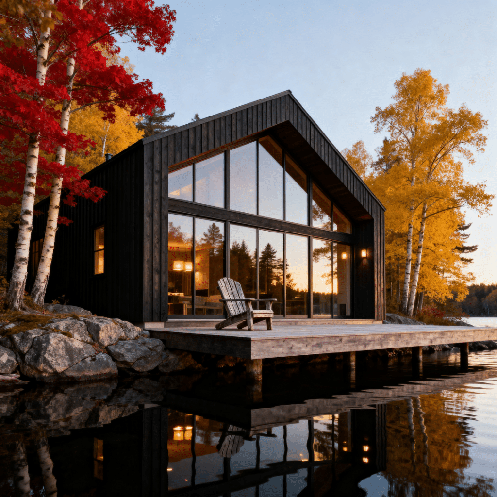 Premium prefab home Lake Muskoka waterfront in peak autumn foliage viewed from dock level with large lake-facing windows Canadian Shield granite foundation and calm water reflection showing completed four-season modular home 2026