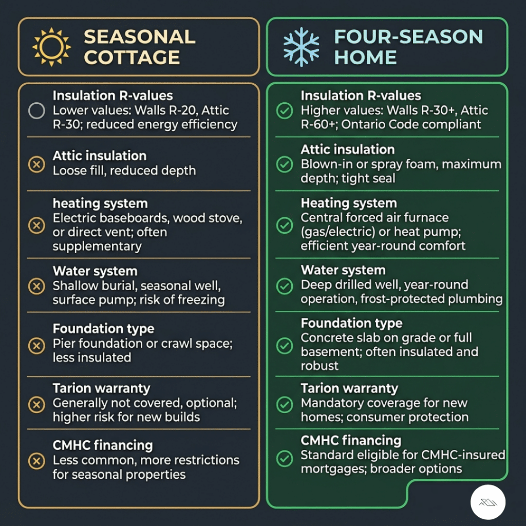 Prefab homes Lake Muskoka seasonal vs four-season OBC classification comparison infographic showing insulation R-values heating systems water systems Tarion warranty coverage and CMHC financing eligibility differences for waterfront homes 2026