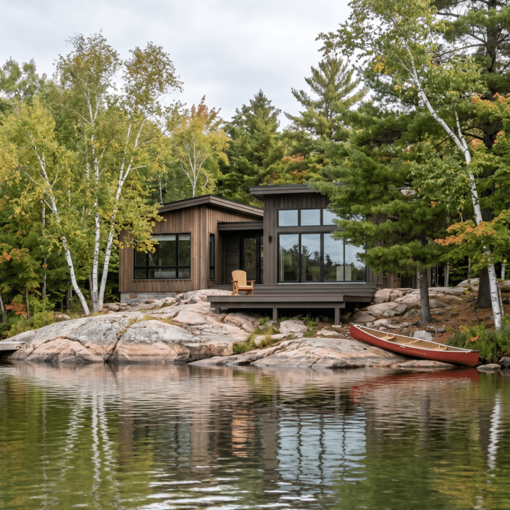 Prefab homes Lake Muskoka completed waterfront home on Canadian Shield granite shoreline viewed from water level with autumn trees and dockside perspective showing real build outcome 2026