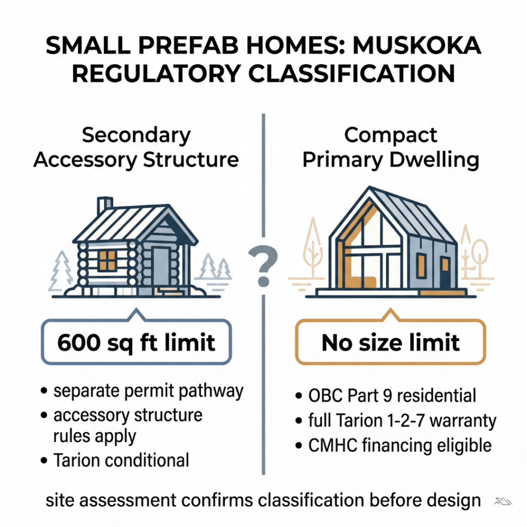 Small prefab homes Muskoka diagram comparing bunkie accessory structure rules versus compact primary dwelling classification under OBC Part 9 with Tarion warranty and CMHC financing eligibility