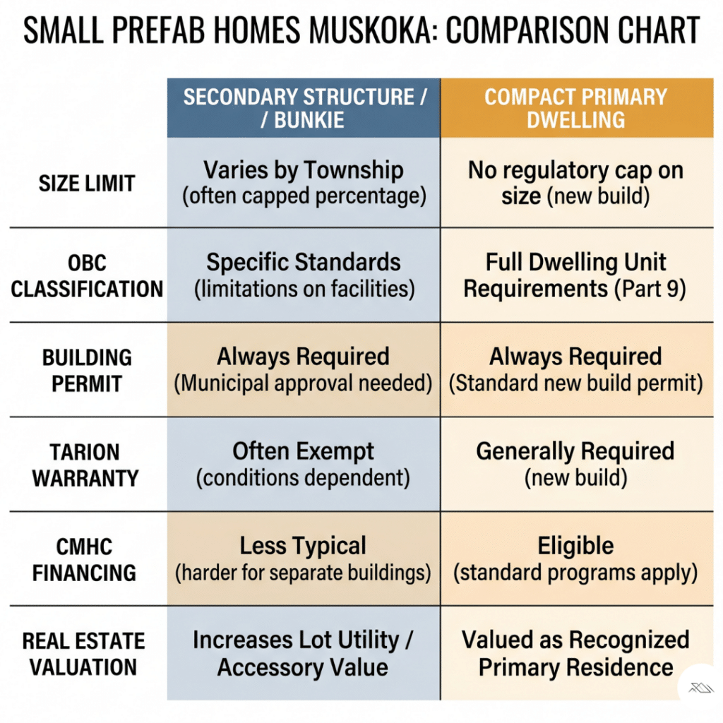 Small prefab homes Muskoka comparison showing bunkie secondary structure vs compact primary dwelling including size limits, OBC classification, permits, Tarion warranty, and CMHC financing