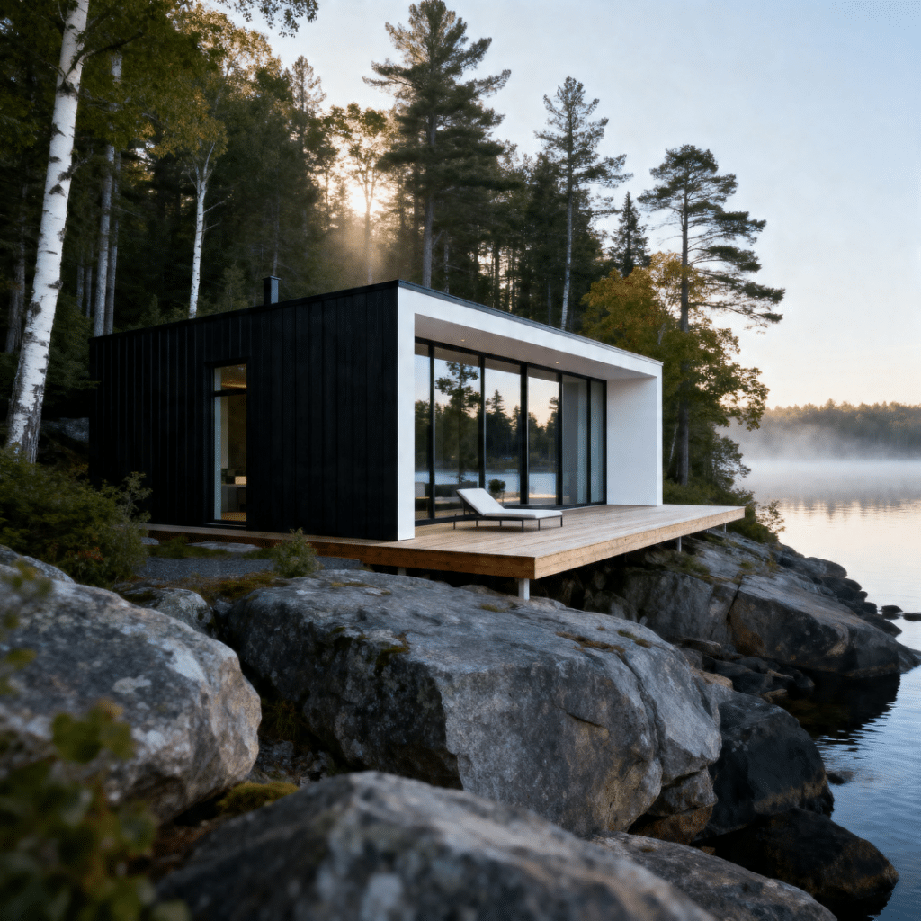 Small prefab home in Muskoka on a Canadian Shield waterfront lot with covered deck, large windows, and modern compact cottage design