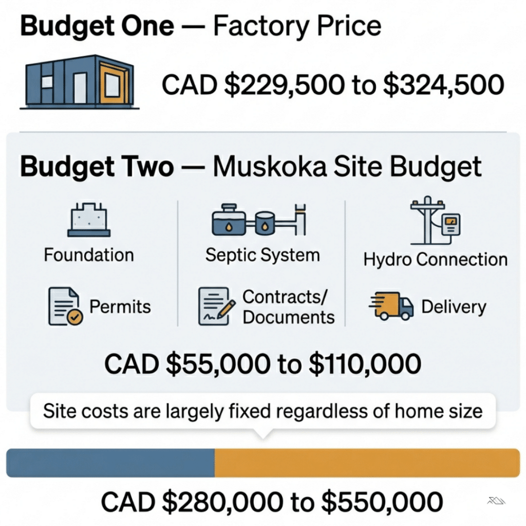 Small prefab homes Muskoka cost breakdown infographic showing factory price versus Muskoka site budget including foundation septic well hydro permits and total all-in cost for compact prefab builds