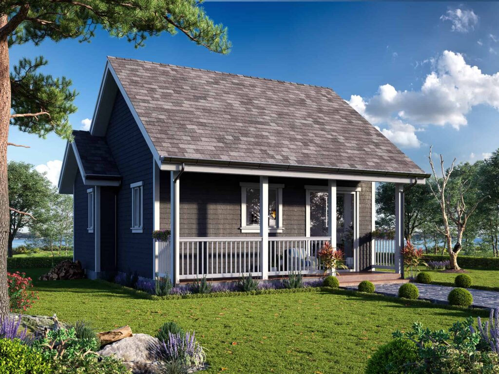 Small prefab homes Muskoka Fox Den 505 sq ft bunkie secondary structure with covered deck designed for accessory structure size limits on Canadian Shield waterfront lots
