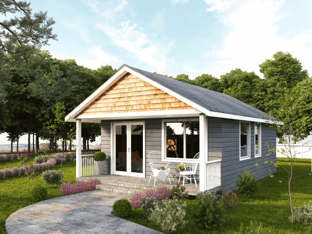Small prefab homes Muskoka Pine View 540 sq ft bunkie secondary structure with large lake-facing windows designed for accessory structure size limits on Canadian Shield waterfront lots