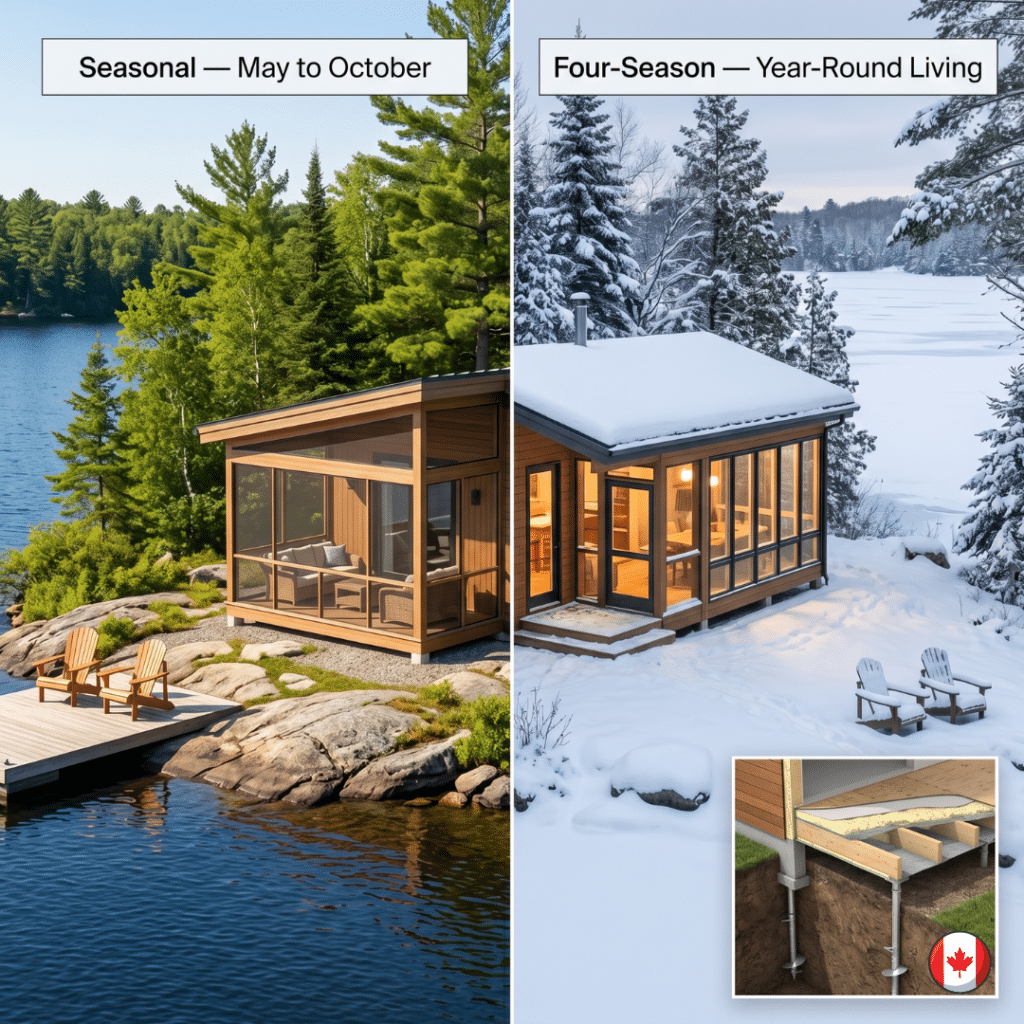 Small prefab homes Muskoka seasonal vs four-season cottage comparison showing summer lakeside use and winter year-round living with insulated modular home on helical piers and underfloor insulation detail