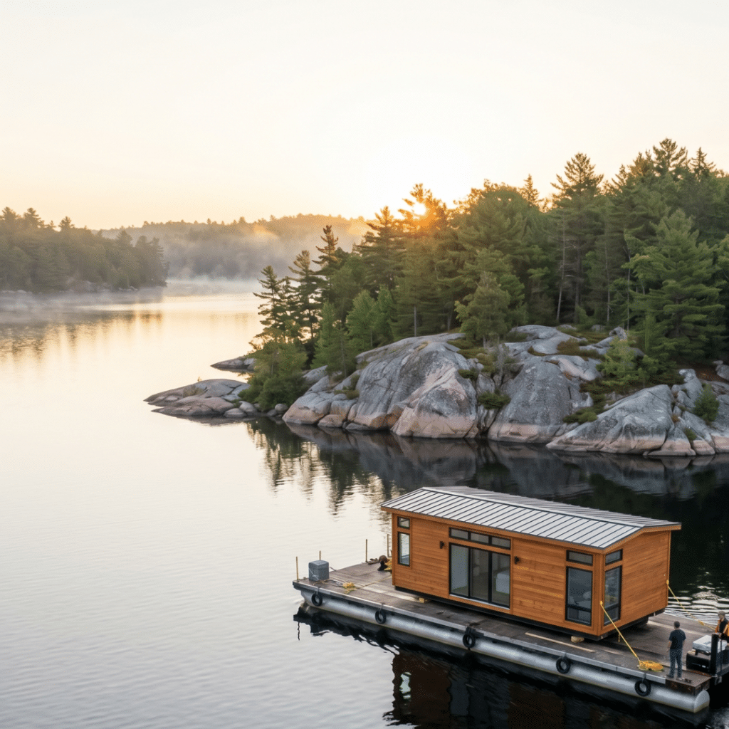 Small prefab homes Muskoka water-access delivery showing modular cottage transported by barge across lake to remote shoreline lot