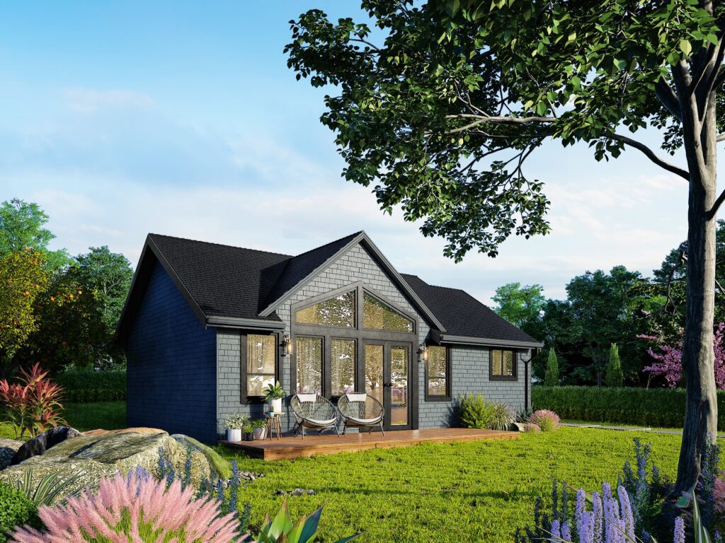 Waters Edge prefab home Bracebridge Ontario 988 square feet mid-range four-season 2 bedroom 1 bathroom model on near-water Muskoka lot with Canadian Shield granite and lake proximity 2026
