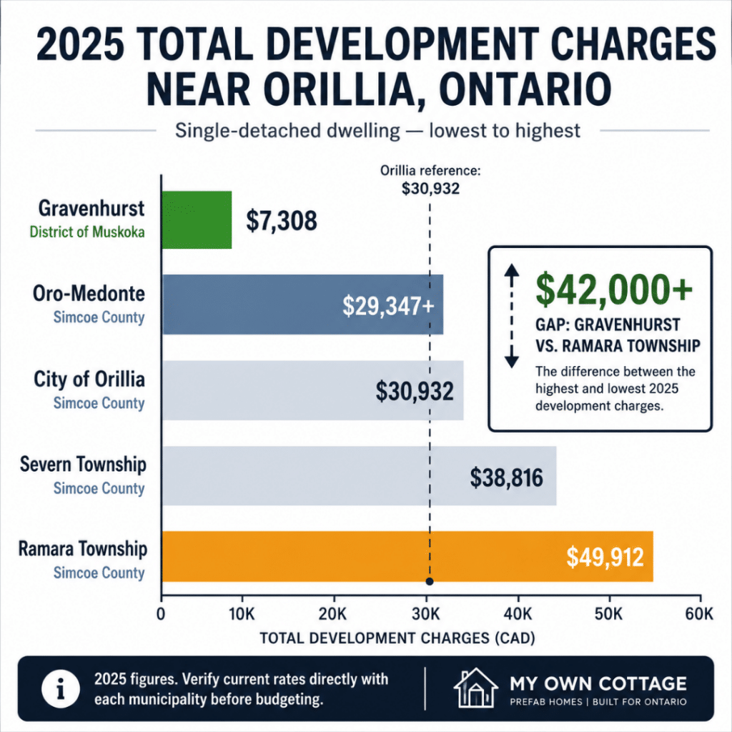 Horizontal bar chart comparing 2025 total development charges near Orillia, Ontario, from Gravenhurst at $7,308 to Ramara Township at $49,912, with Oro-Medonte, City of Orillia, and Severn Township shown in between