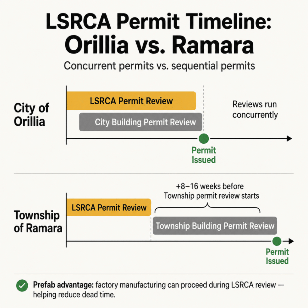 Diagram comparing LSRCA permit sequencing near Orillia, Ontario, showing City of Orillia concurrent LSRCA and building permit review versus Ramara Township sequential approval adding 8 to 16 weeks before the Township permit clock starts