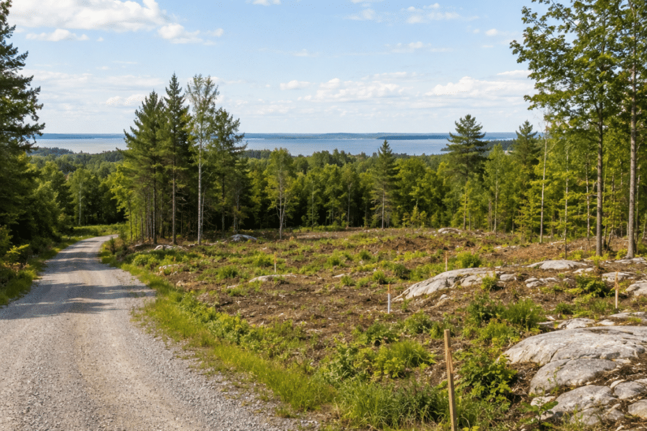 Rural Ontario building lot near Orillia showing natural site conditions for prefab home construction while comparing Severn Township, Ramara Township, Oro-Medonte, Gravenhurst, and Orillia building costs and regulations
