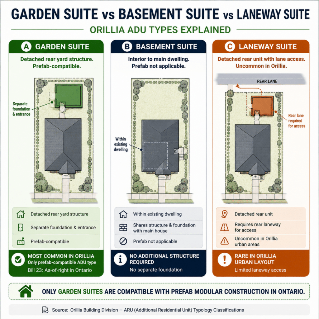 Garden suite vs basement suite vs laneway suite Ontario lot diagram showing detached rear yard garden suite prefab-compatible versus basement suite inside main house and laneway suite requiring rear lane access