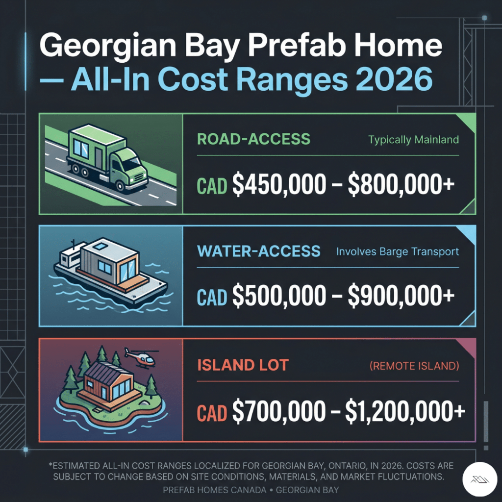 Prefab homes Georgian Bay all-in cost ranges 2026 showing road-access CAD 450000 to 800000 water-access CAD 500000 to 900000 and island lot CAD 700000 to 1200000 by lot type