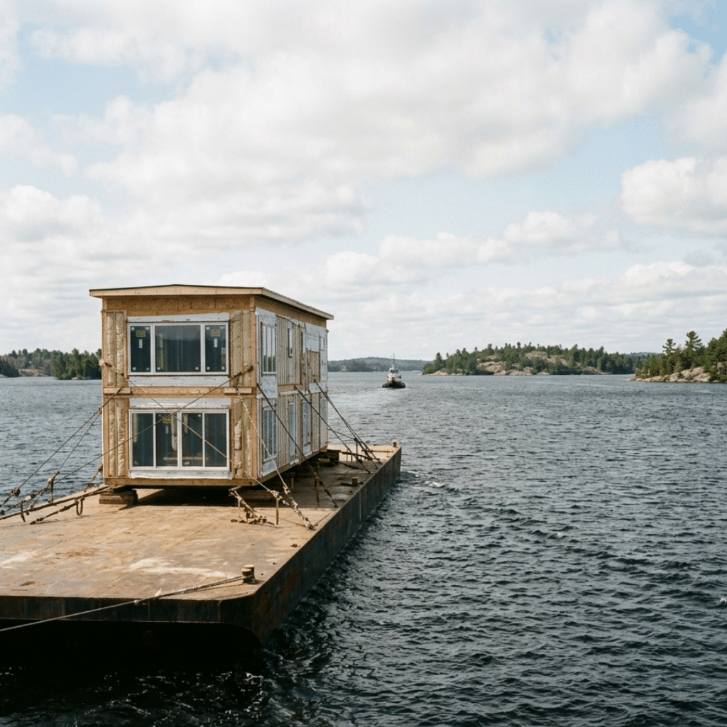 Prefab home module transported by barge across open Georgian Bay water to a 30,000 Islands site, showing modular delivery logistics for water-access-only island construction