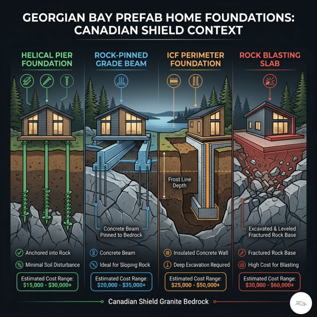 Prefab homes Georgian Bay foundation comparison cross-section showing helical piers, rock-pinned grade beams, ICF foundations, and rock-blasting slab options on Canadian Shield bedrock with cost ranges and suitability