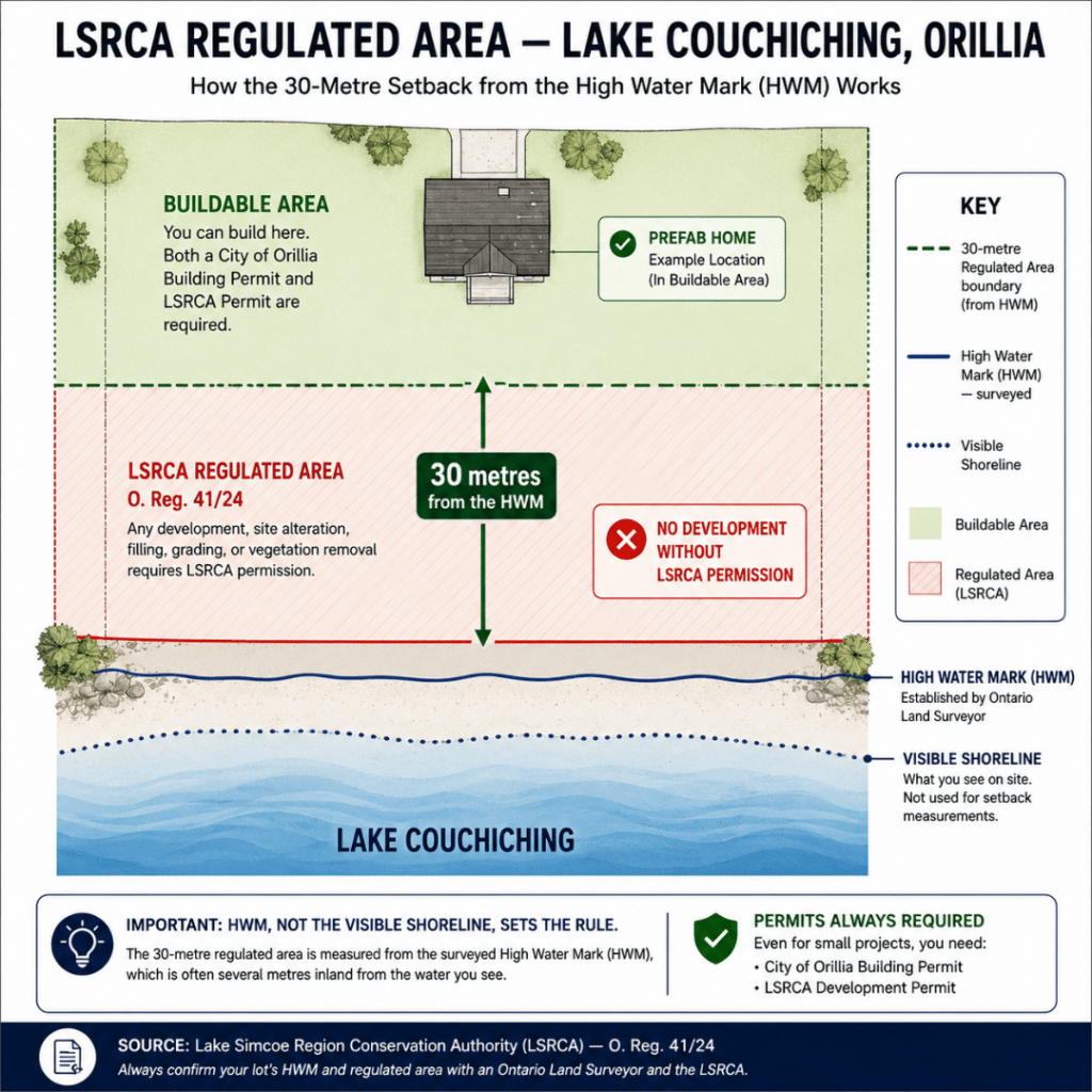 LSRCA regulated area diagram Lake Couchiching Orillia Ontario showing 30 metre setback from high water mark under O Reg 41/24 and buildable area requiring City of Orillia building permit and LSRCA permit for prefab home