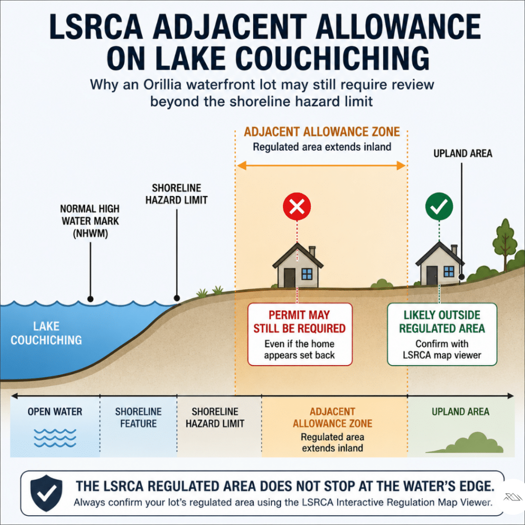 Diagram showing LSRCA regulated area and adjacent allowance on a Lake Couchiching waterfront lot in Orillia Ontario where the regulated area extends inland beyond the shoreline hazard limit under Ontario Regulation 41/24