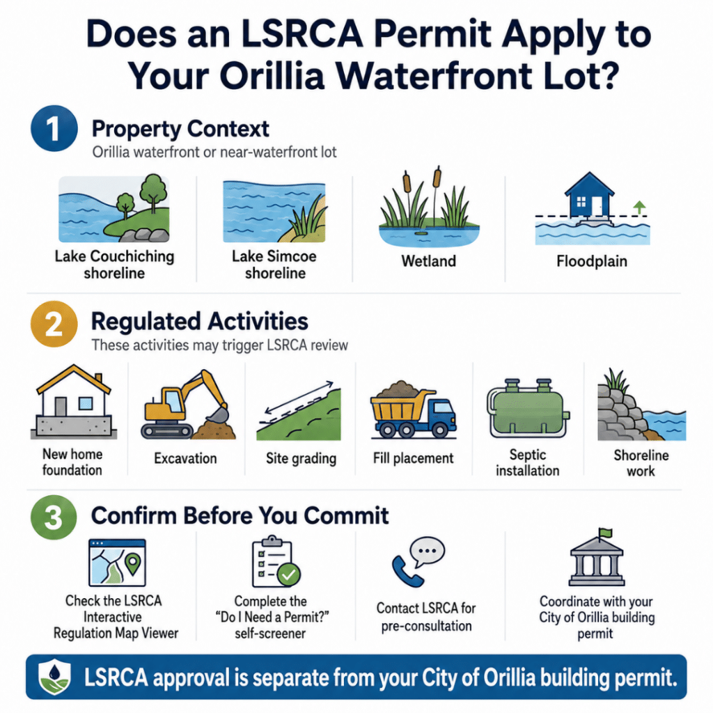 LSRCA waterfront permits Orillia jurisdiction explainer showing Lake Couchiching and Lake Simcoe waterfront properties require conservation authority review for construction, grading, fill placement, and shoreline work