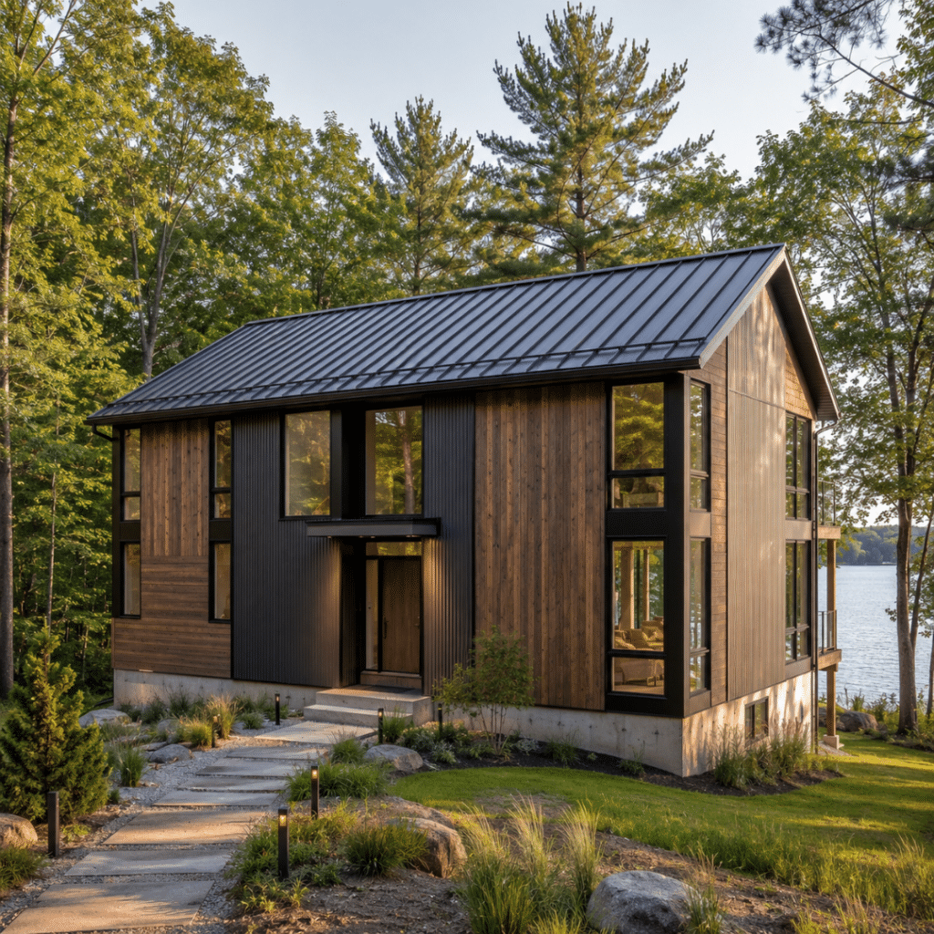 Completed My Own Cottage prefab home installed on a rural Ontario waterfront-style lot near Orillia with modern cladding, visible foundation, and natural tree canopy for Lake Couchiching and Simcoe County builds