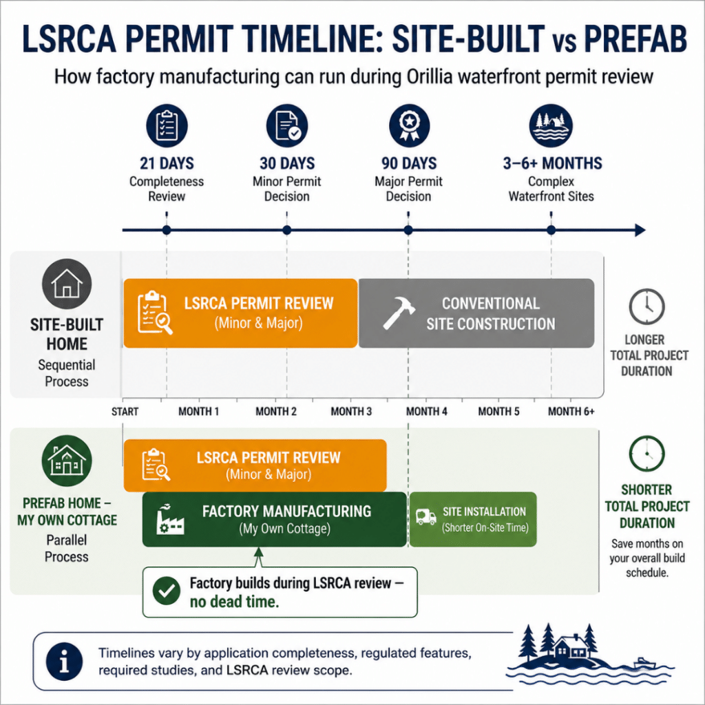 LSRCA permit timeline comparison for Orillia waterfront builds showing site-built construction versus prefab scheduling, with factory manufacturing running during LSRCA review to reduce total project duration