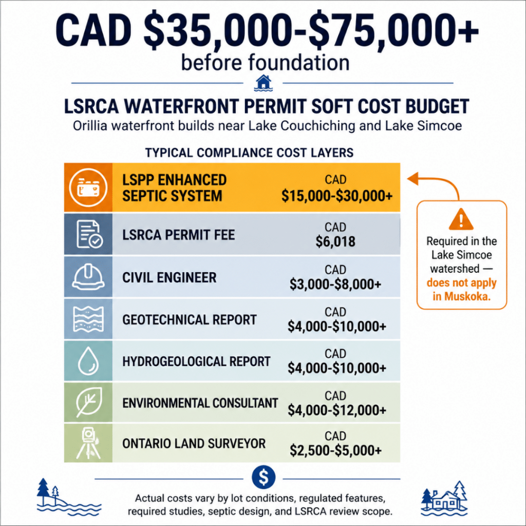 LSRCA waterfront permit soft cost budget stack for Orillia Ontario showing land surveyor, environmental consultant, hydrogeological report, geotechnical report, civil engineer, LSRCA permit fee, and LSPP enhanced septic premium totalling CAD $35,000 to $75,000+ before foundation