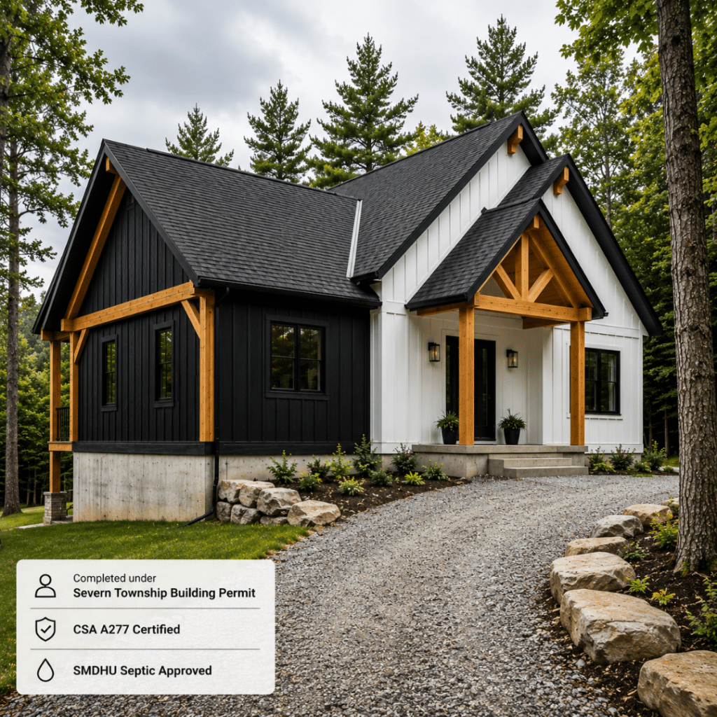 Completed My Own Cottage modular prefab home in Orillia area Simcoe County Ontario — real Severn Township build showing full permit coordination including township building permit, CSA A277 certification, and final occupancy