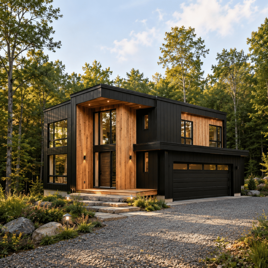 Completed My Own Cottage prefab home delivered to a rural Ontario lot near Orillia with modern cladding, visible foundation, and natural setting serving Orillia, Severn Township, Ramara Township, Oro-Medonte, and Gravenhurst builds