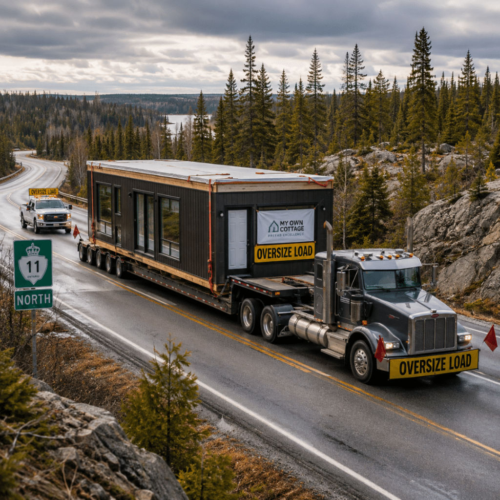 Prefab home module delivery Northern Ontario — flatbed truck transporting modular home section on Highway 11 corridor through boreal forest