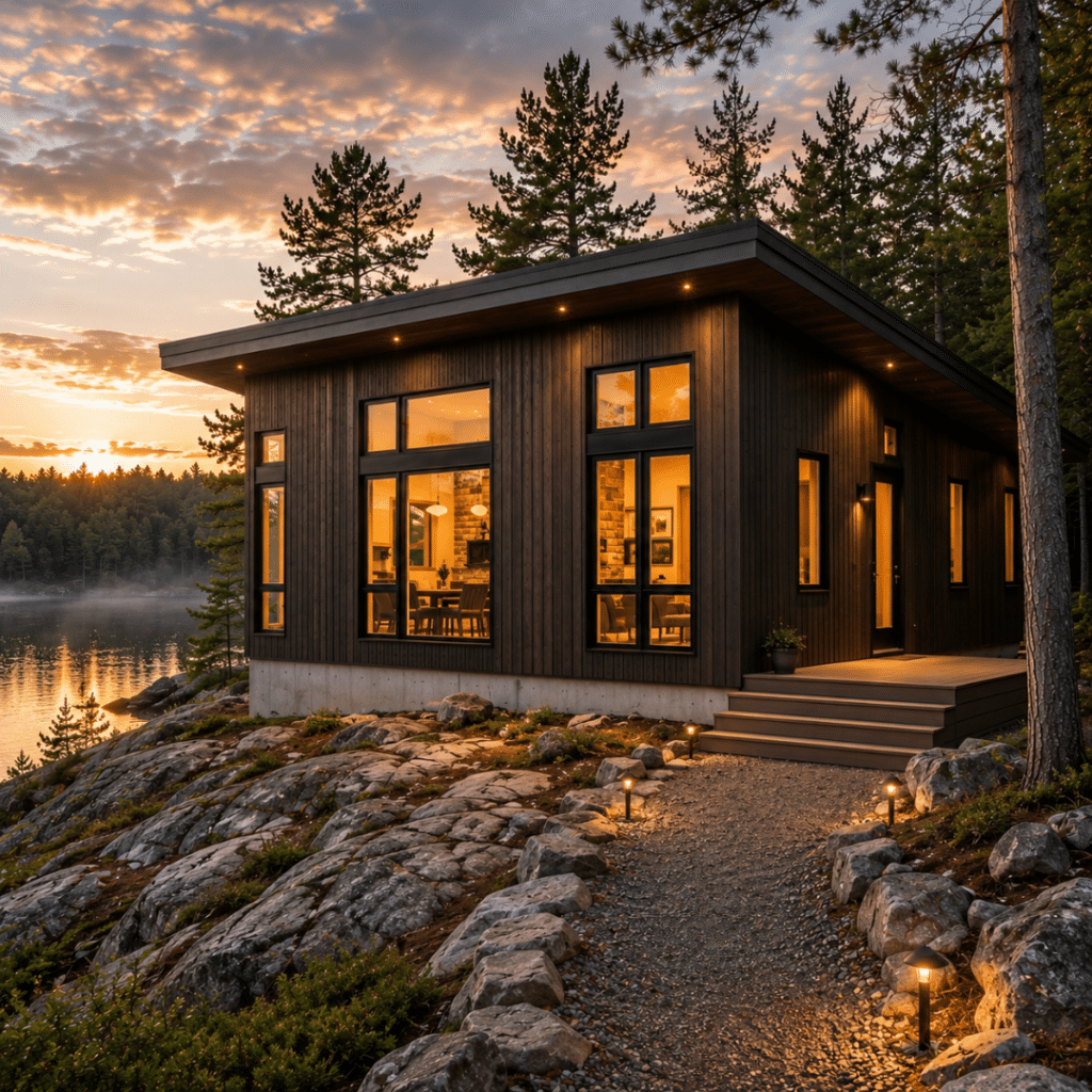 Northern prefab homes Ontario — completed My Own Cottage modern modular home on a Canadian Shield lakefront lot with dark cladding and shed roof design