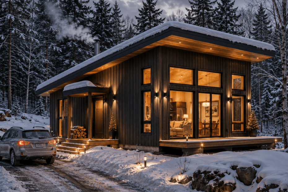 Northern prefab homes Ontario exterior in winter with shed roof, triple-pane windows, warm interior lighting, and snow-covered boreal landscape by My Own Cottage