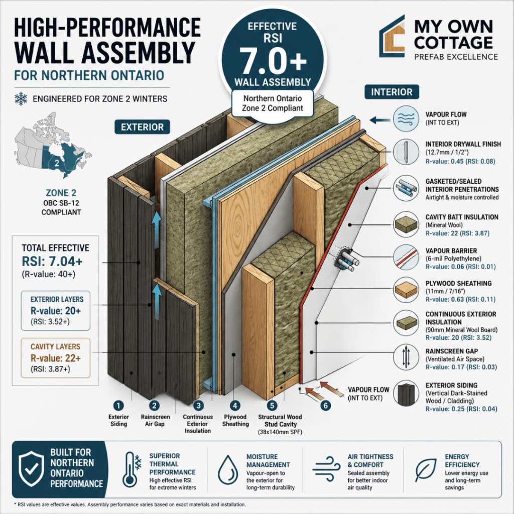 Zone 2 prefab home wall assembly Northern Ontario — cross-section diagram showing RSI 7.0+ effective insulation for OBC SB-12 compliance