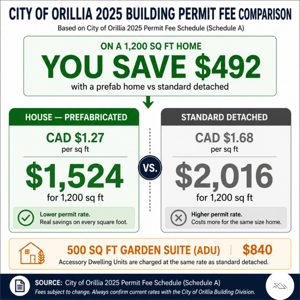 City of Orillia 2025 building permit fee comparison for prefab home versus standard detached — $1.27 per sq ft vs $1.68 per sq ft showing $492 savings on a 1200 sq ft prefab home