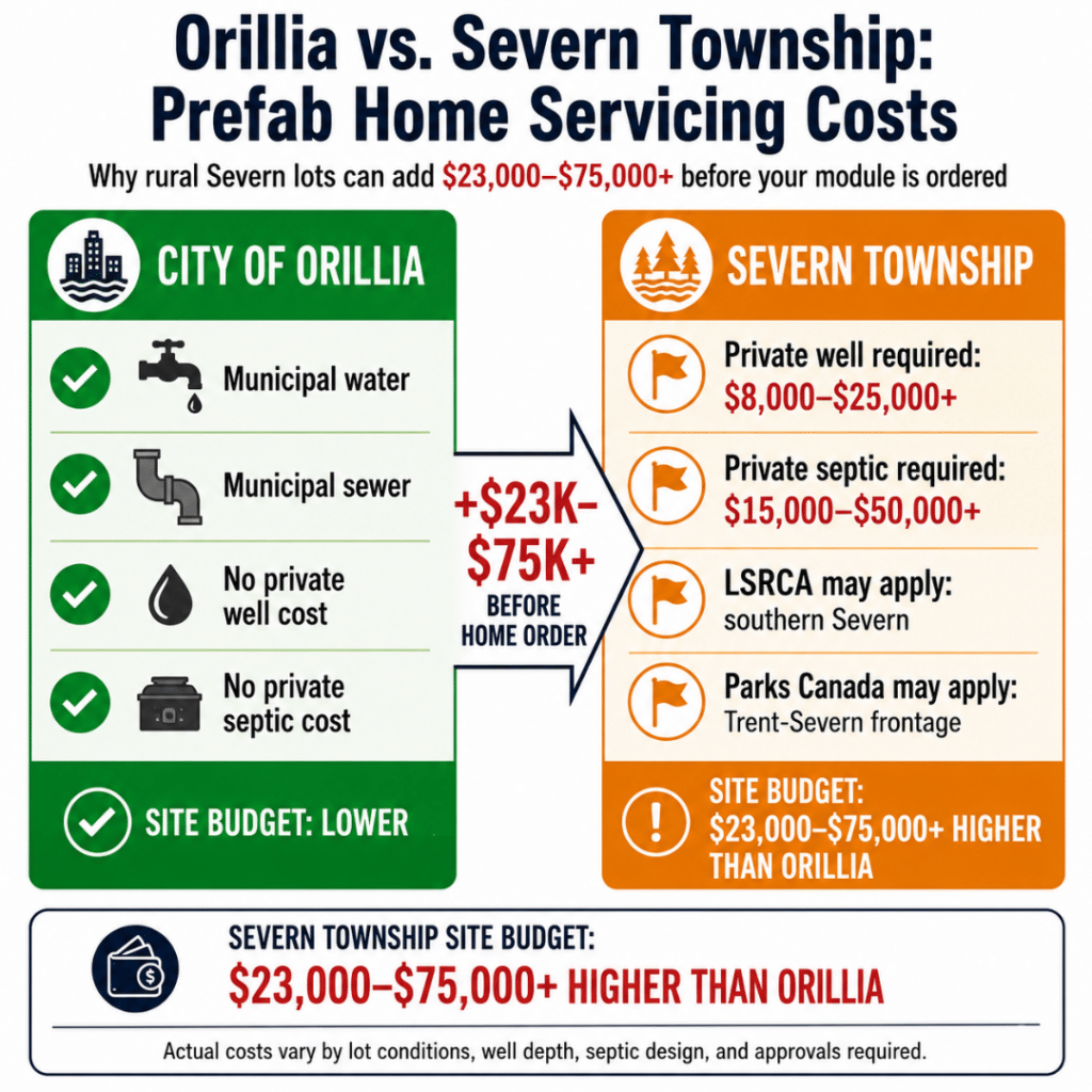 Prefab home cost comparison between a City of Orillia serviced lot and a Severn Township rural lot, showing private well and septic costs adding $23,000 to $75,000 or more to Severn Township project budgets