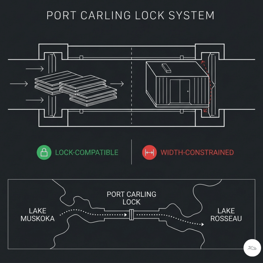 Port Carling lock system prefab delivery diagram showing lock chamber width constraint for volumetric modules versus flat panel loads transiting to Lake Rosseau island lots from Lake Muskoka staging areas