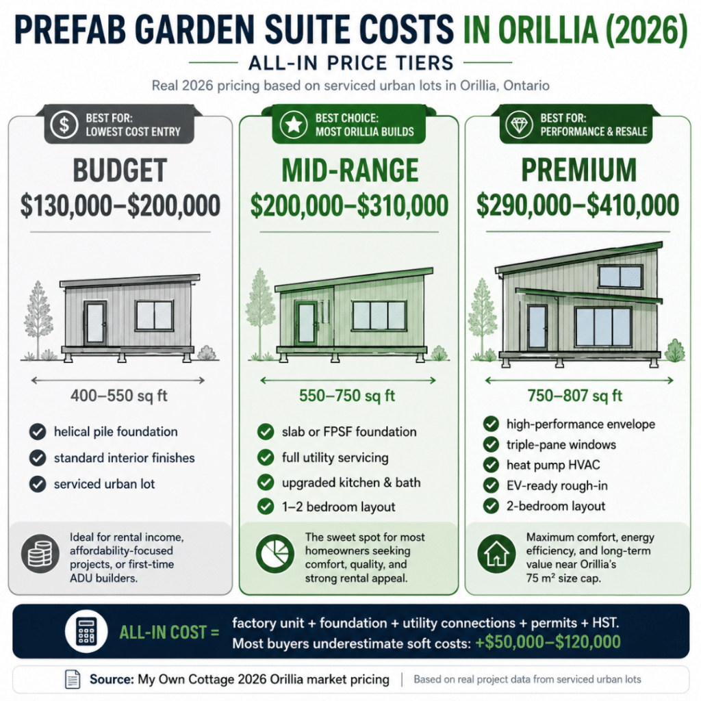 Prefab garden suite costs Orillia 2026 all-in price tiers showing budget $130000 to $200000 mid-range $200000 to $310000 and premium $290000 to $410000 including foundation utility connections permits and HST