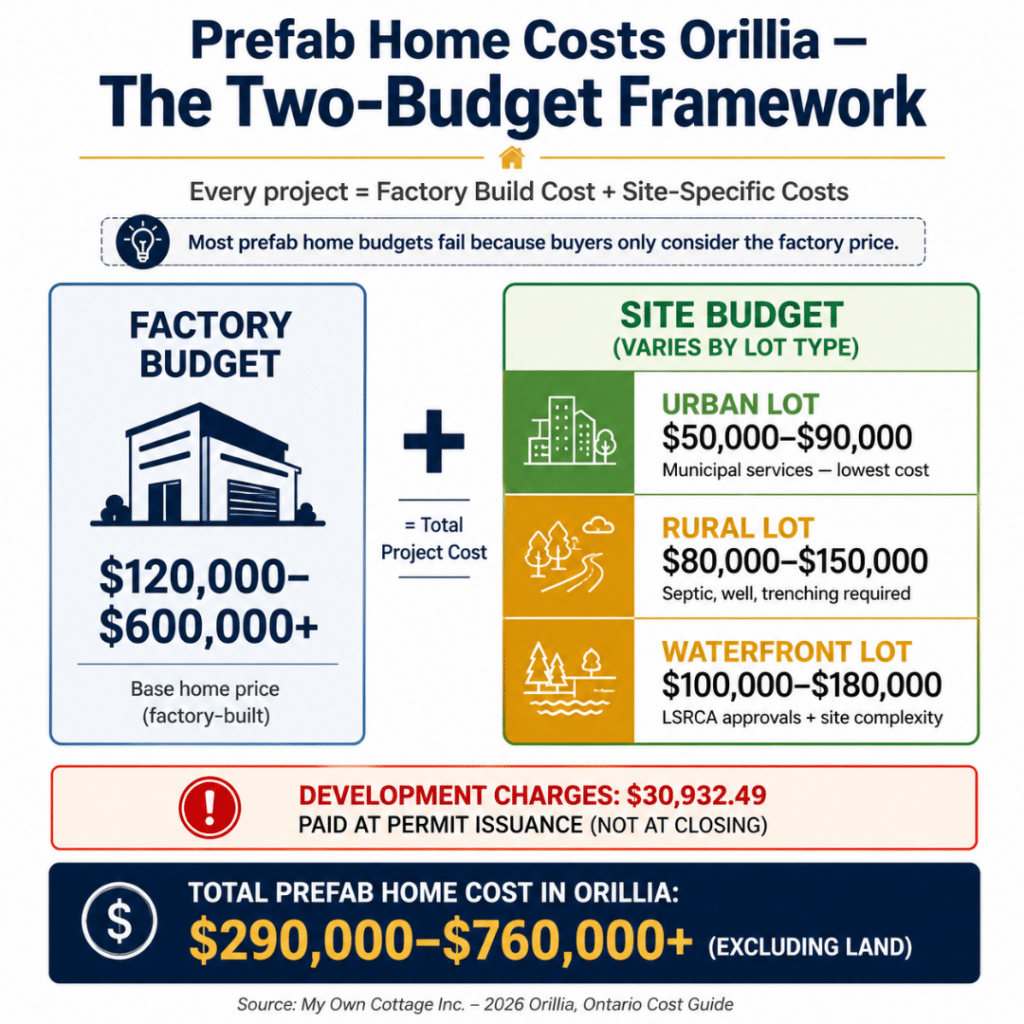 Prefab home costs Orillia Ontario — two-budget framework showing factory price versus site budget by urban, rural, and waterfront lot type with all-in cost range CAD $290,000 to $760,000+ excluding land