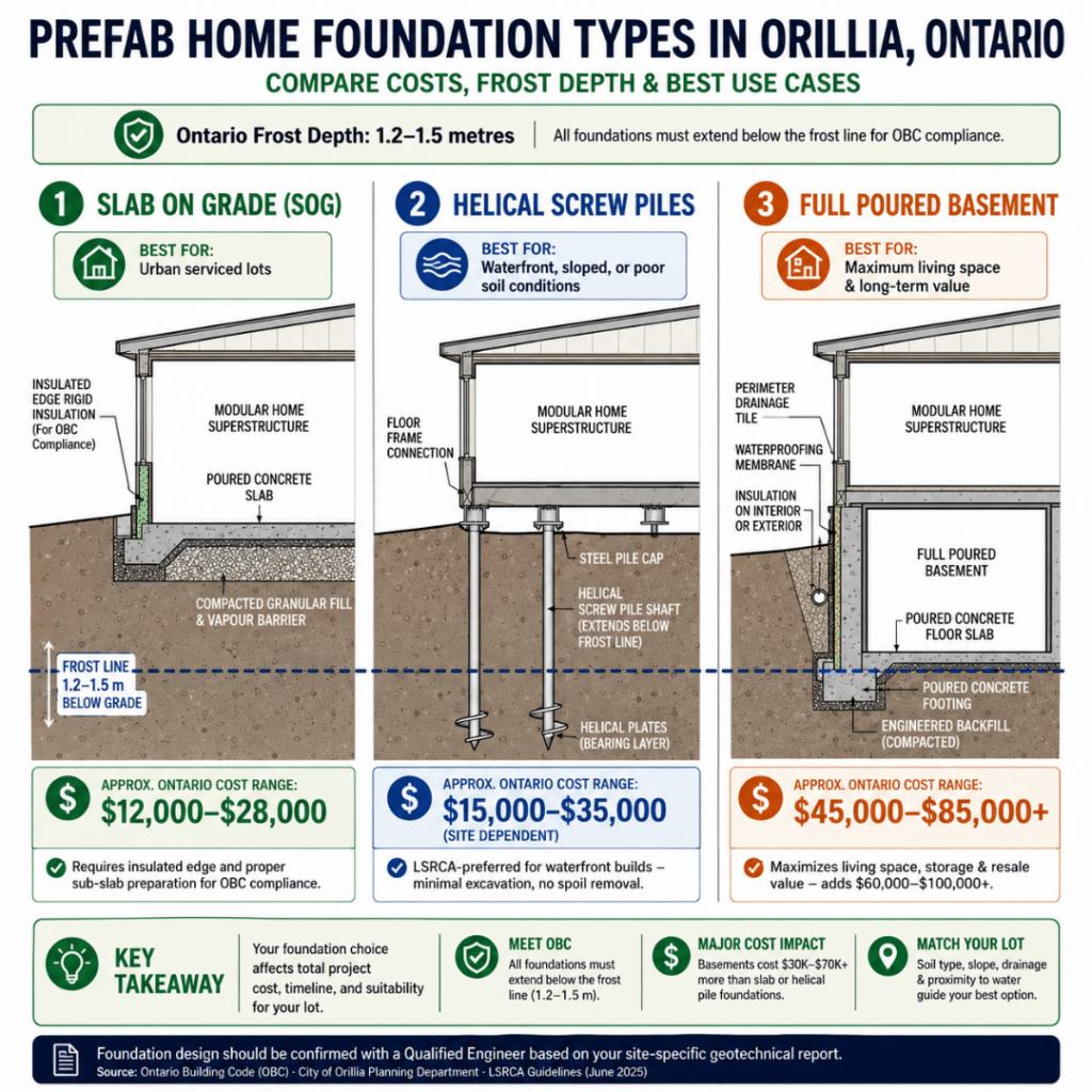 Prefab home foundation types in Orillia Ontario — slab on grade, helical screw piles, and full basement comparison showing frost depth 1.2–1.5 metres, cost ranges, and suitability for modular construction