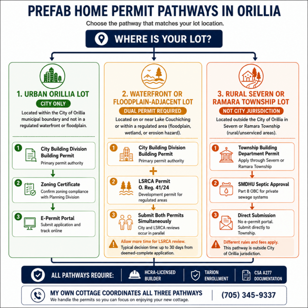 Prefab home permit pathways in Orillia Ontario — decision tree showing urban lot City permit only versus Lake Couchiching waterfront LSRCA dual permit versus Severn Ramara Township separate jurisdiction