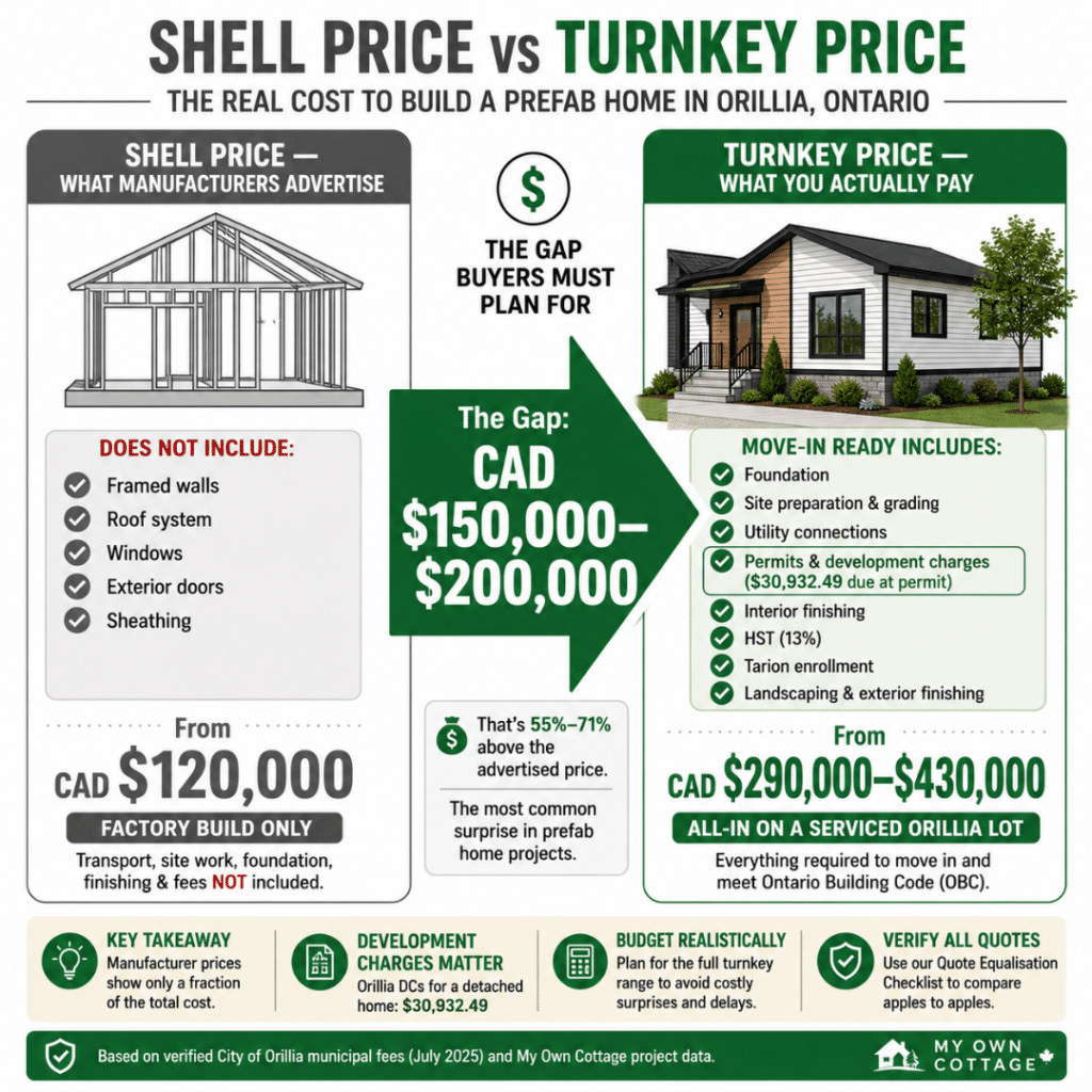Prefab home shell vs turnkey cost comparison Orillia Ontario — factory shell from CAD $120,000 vs turnkey all-in cost CAD $290,000 to $430,000 including development charges permits foundation and HST showing $150,000 to $200,000 price gap