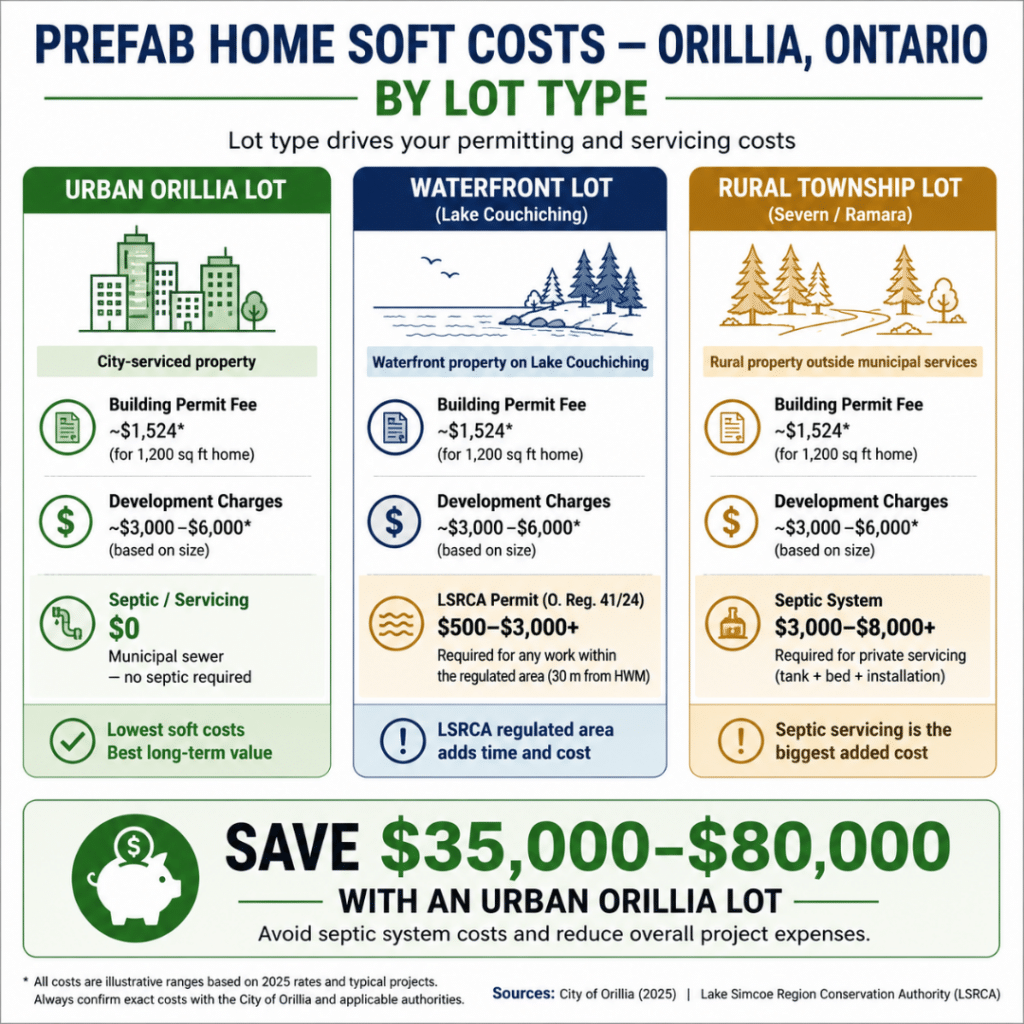 Prefab home soft costs in Orillia Ontario by lot type — urban City lot versus Lake Couchiching waterfront versus rural Severn Ramara Township showing septic costs savings and LSRCA permit requirements