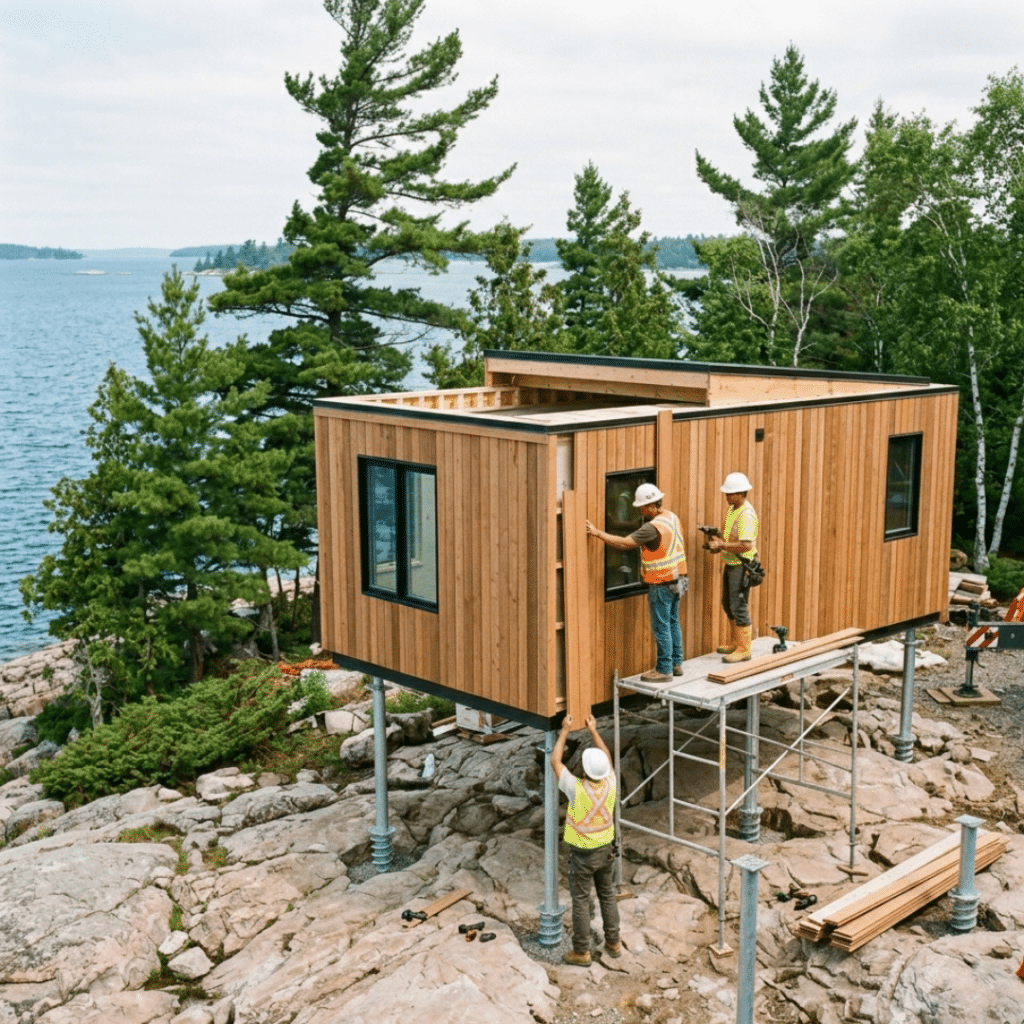 Prefab homes Georgian Bay modular home under construction on helical pier foundation with exterior finishing trades and undisturbed Canadian Shield shoreline showing minimal site disturbance on waterfront lot 2026