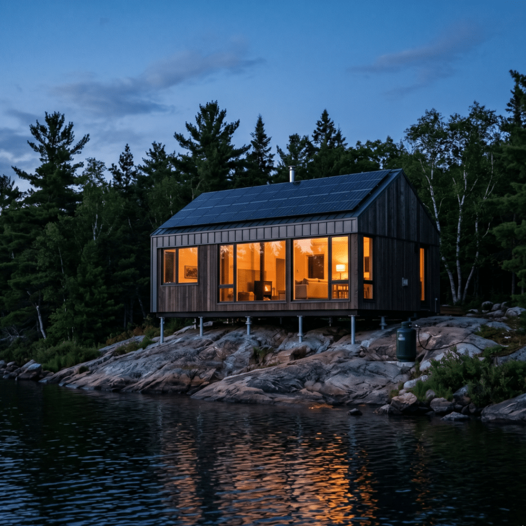 Off-grid prefab home Georgian Bay island lot at blue hour with solar panels warm interior lighting large picture windows helical pier foundation on Canadian Shield granite and open water showing fully powered modular cottage without Hydro One connection 2026