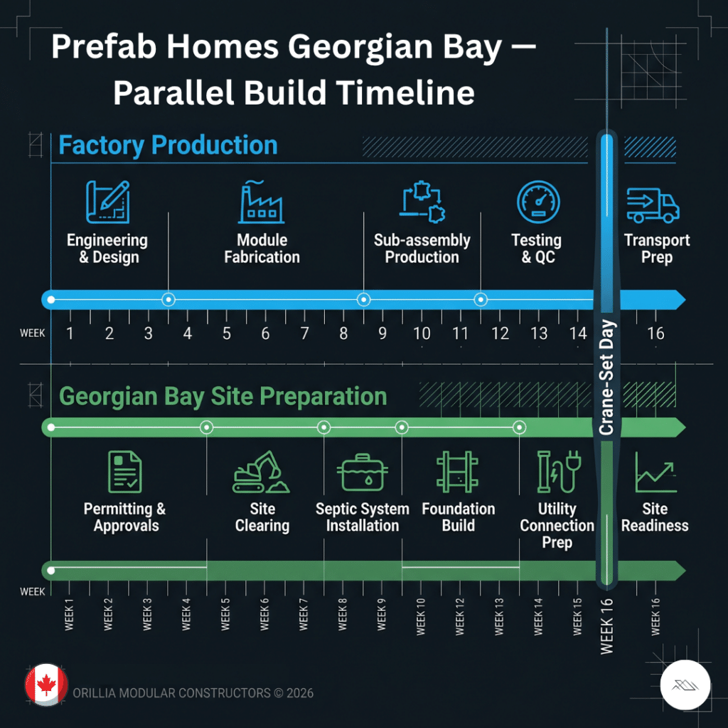 Prefab homes Georgian Bay parallel build timeline infographic showing factory production and site preparation running simultaneously over sixteen weeks converging on single crane-set installation day with seasonal and permitting constraints 2026
