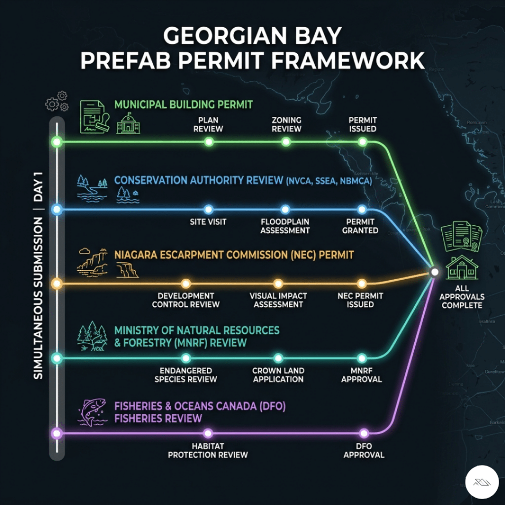 Prefab homes Georgian Bay permit framework diagram showing five simultaneous approval streams including municipal building permit Conservation Authority NVCA SSEA NBMCA Niagara Escarpment Commission MNRF and DFO converging into one permit package for waterfront and island lot construction 2026
