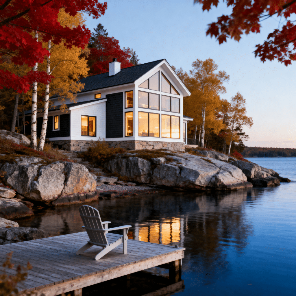 Completed premium prefab home Georgian Bay waterfront shoreline in peak autumn foliage with large picture windows Canadian Shield granite base and open water reflection showing four-season modular cottage 2026