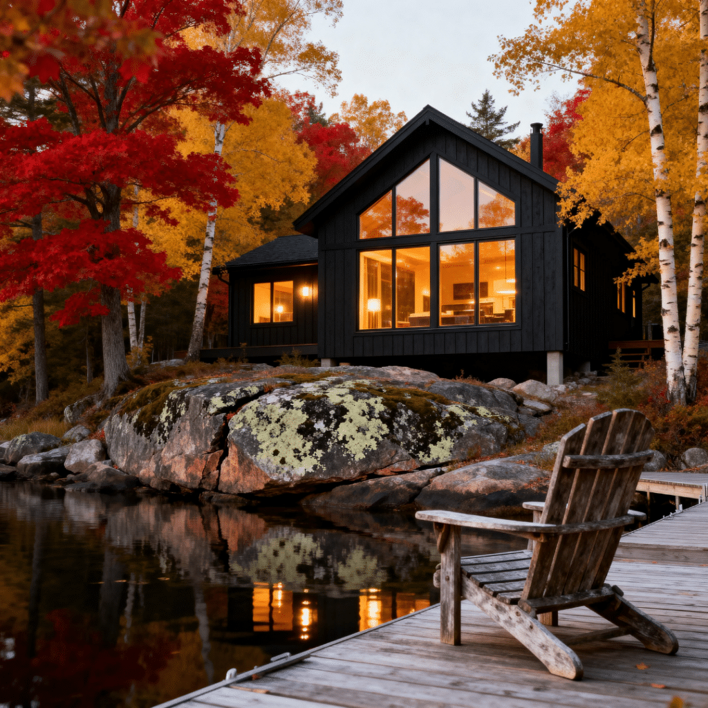 Completed Georgian Bay prefab home on island shoreline with Canadian Shield granite, open bay water, pine treeline, and warm interior lighting showing a lived-in four-season modular cottage in late summer