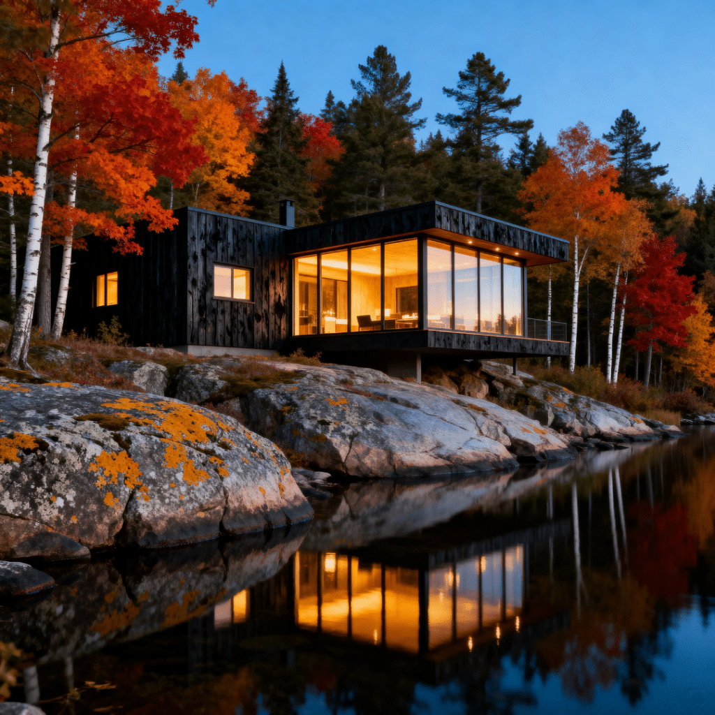 Completed prefab home on Lake Joseph featuring modern modular cottage design with curtain wall glazing and cantilevered roofline on Canadian Shield granite shoreline in autumn, demonstrating four-season performance