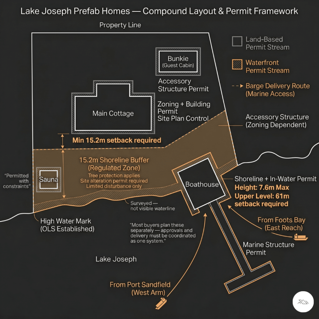 Prefab homes Lake Joseph compound layout diagram showing main cottage at 15.2-metre setback, boathouse at shoreline, bunkie and sauna placement, dock with marine permit, and barge delivery routes from Port Sandfield and Foots Bay 2026